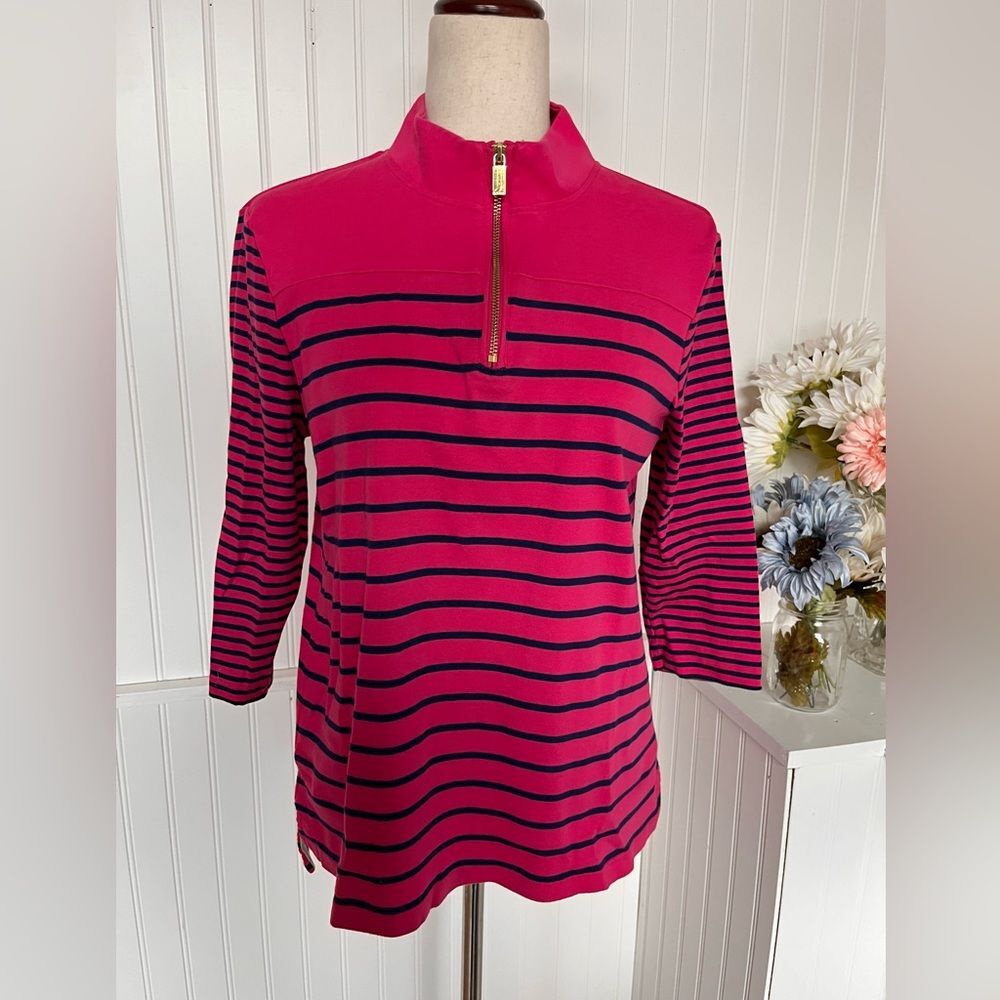 Pink & Blue Striped 3/4 Sleeve Quarter Zipper Top